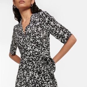 Ganni crepe black and white floral print flowy mini wrap dress size 36